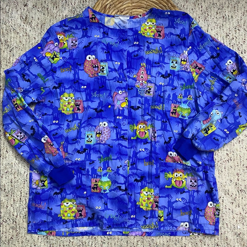 Cartoon Monsters Halloween Scrub Top Sz XL